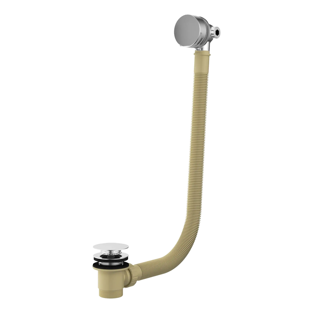 Flexible beige bathroom sink pipe with chrome pop-up waste and drainage fittings for modern bathroom plumbing solutions.