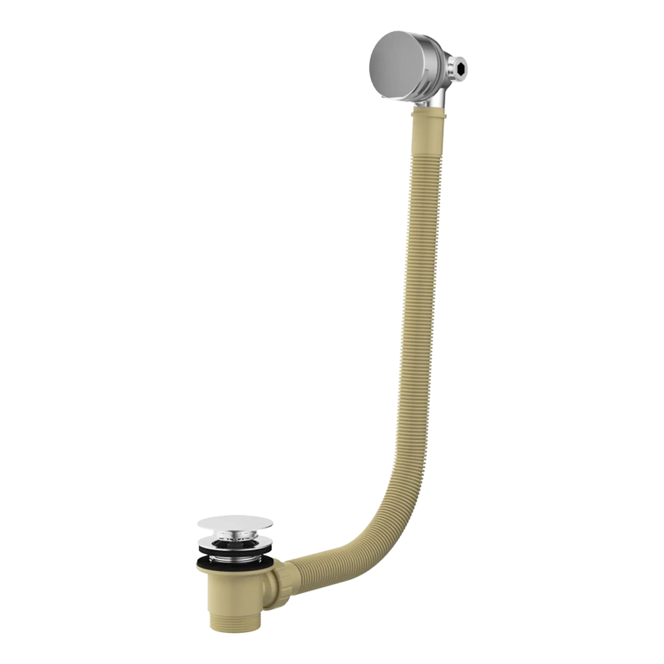 Flexible beige bathroom sink pipe with chrome pop-up waste and drainage fittings for modern bathroom plumbing solutions.