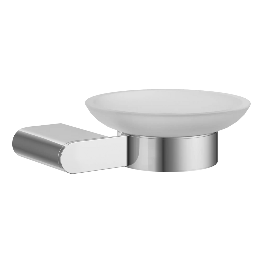 Sleek silver and frosted glass bathroom soap dish holder from Bubly Bathrooms, designed for modern bathroom organisation and style.