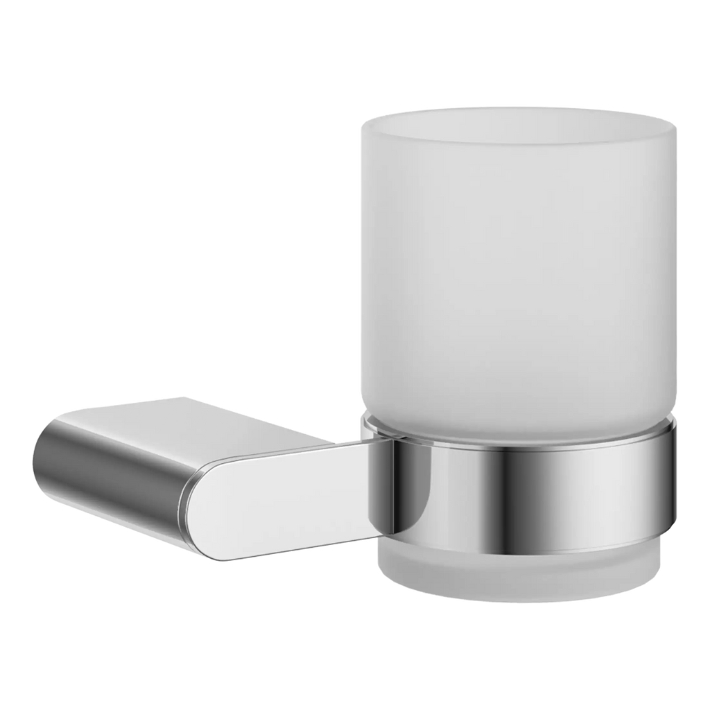Sleek modern wall-mounted bathroom cup holder with stainless steel finish and frosted glass container, perfect for storing toothbrushes or toothbrushes and bathroom accessories.