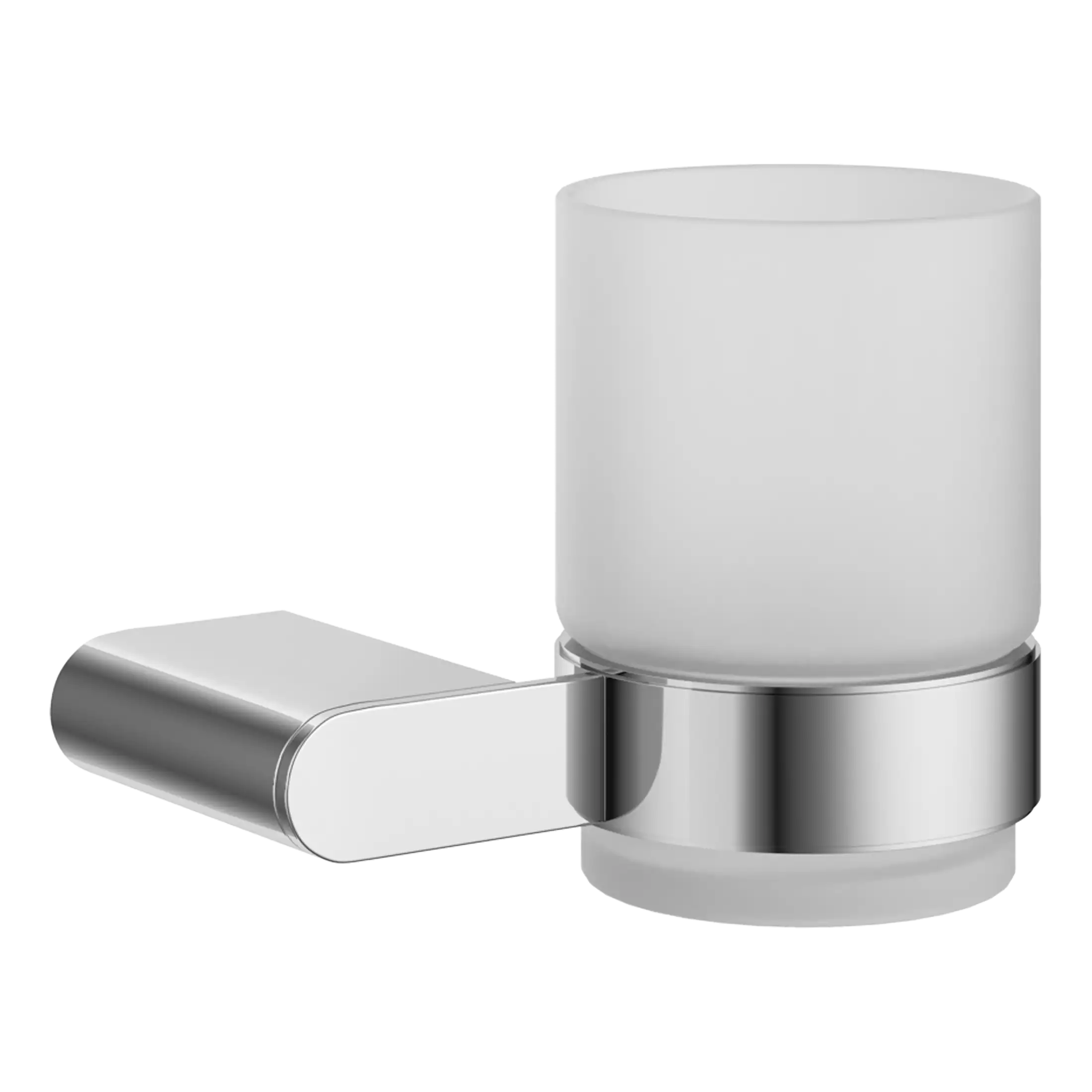 Sleek modern wall-mounted bathroom cup holder with stainless steel finish and frosted glass container, perfect for storing toothbrushes or toothbrushes and bathroom accessories.