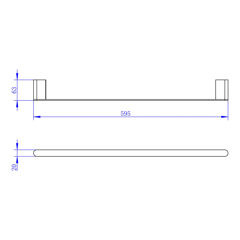 Aluminium towel rail with dimensions 595mm length, 20mm thickness, and 63mm height, ideal for modern bathroom designs. Perfect for hanging towels and adding contemporary style to your bathroom.