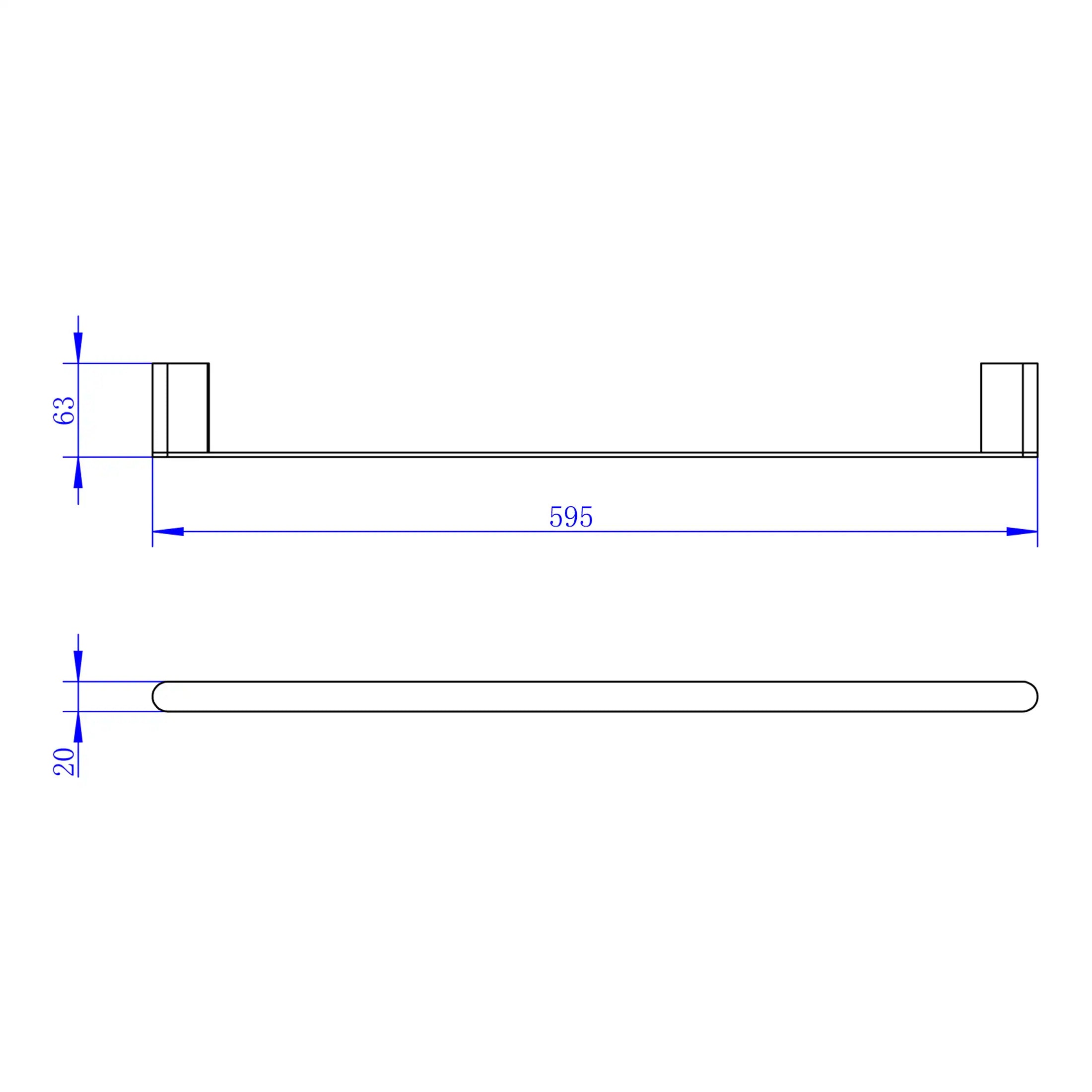 Aluminium towel rail with dimensions 595mm length, 20mm thickness, and 63mm height, ideal for modern bathroom designs. Perfect for hanging towels and adding contemporary style to your bathroom.