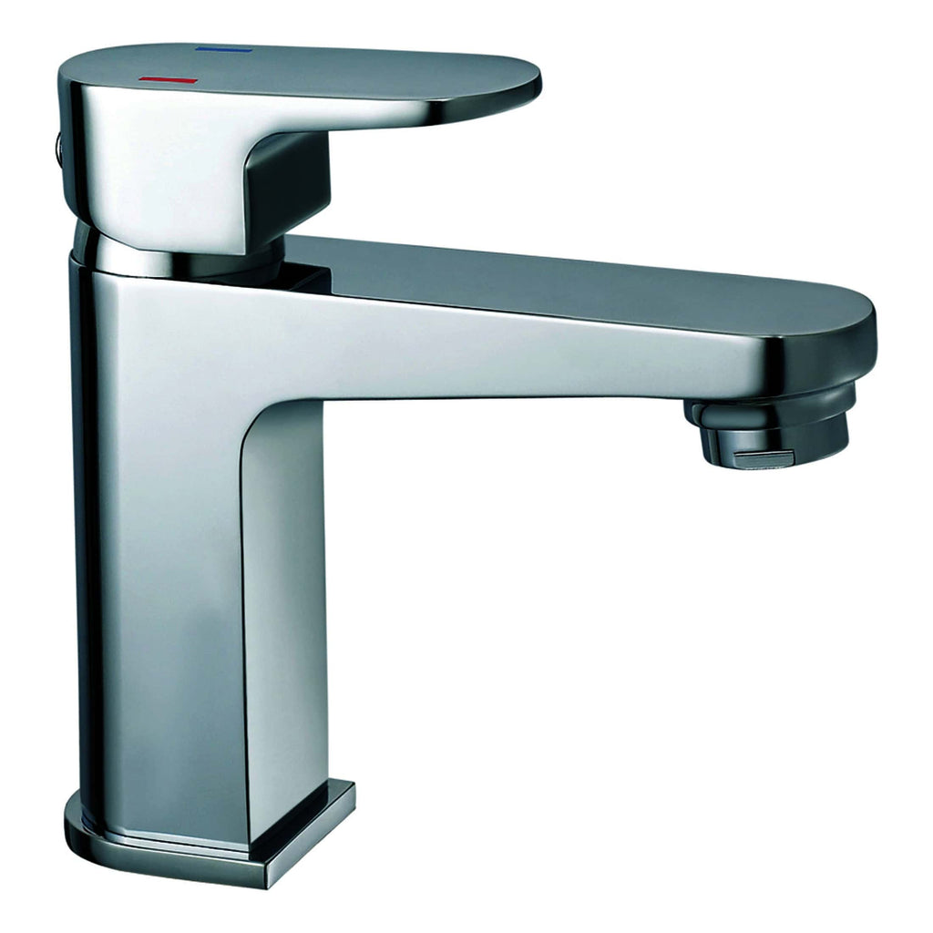 Modern chrome bathroom faucet with sleek design and single lever control for washbasin installation.
