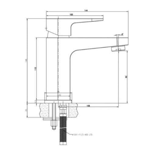 High-quality technical drawing of a Bubly bathroom faucet with detailed measurements and installation specifications, showcasing precision engineering for bathroom fixtures.