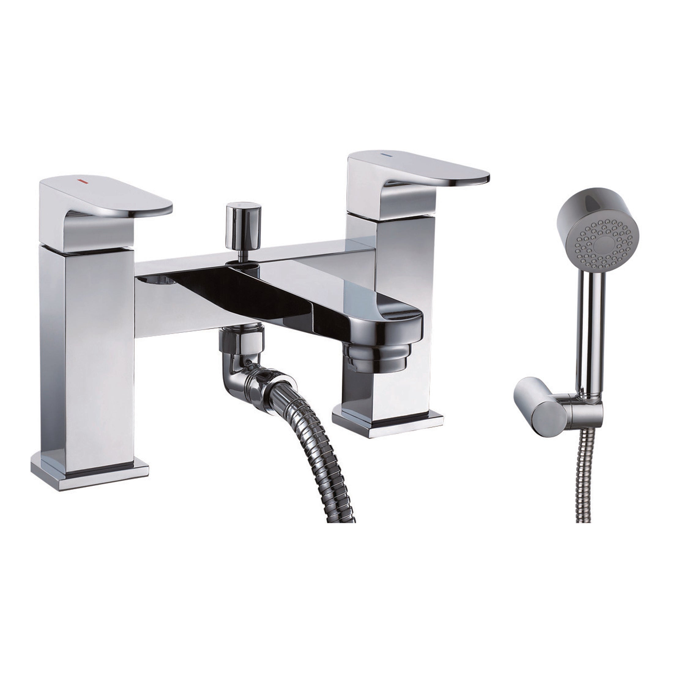 Modern chrome bathroom tap with dual handles and flexible shower hose, ideal for contemporary bathroom renovations. Designed for ease of use and sleek aesthetics.