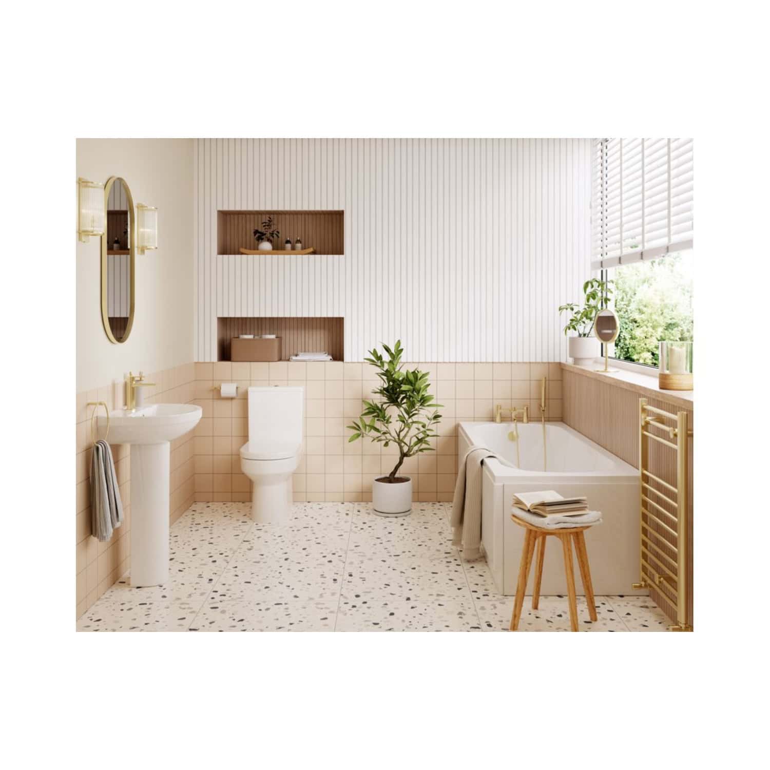 Modern bathroom with bathtub, toilet, pedestal sink, natural light, indoor plants, and minimalist decor, offering a relaxing and stylish space with neutral tones and contemporary design.