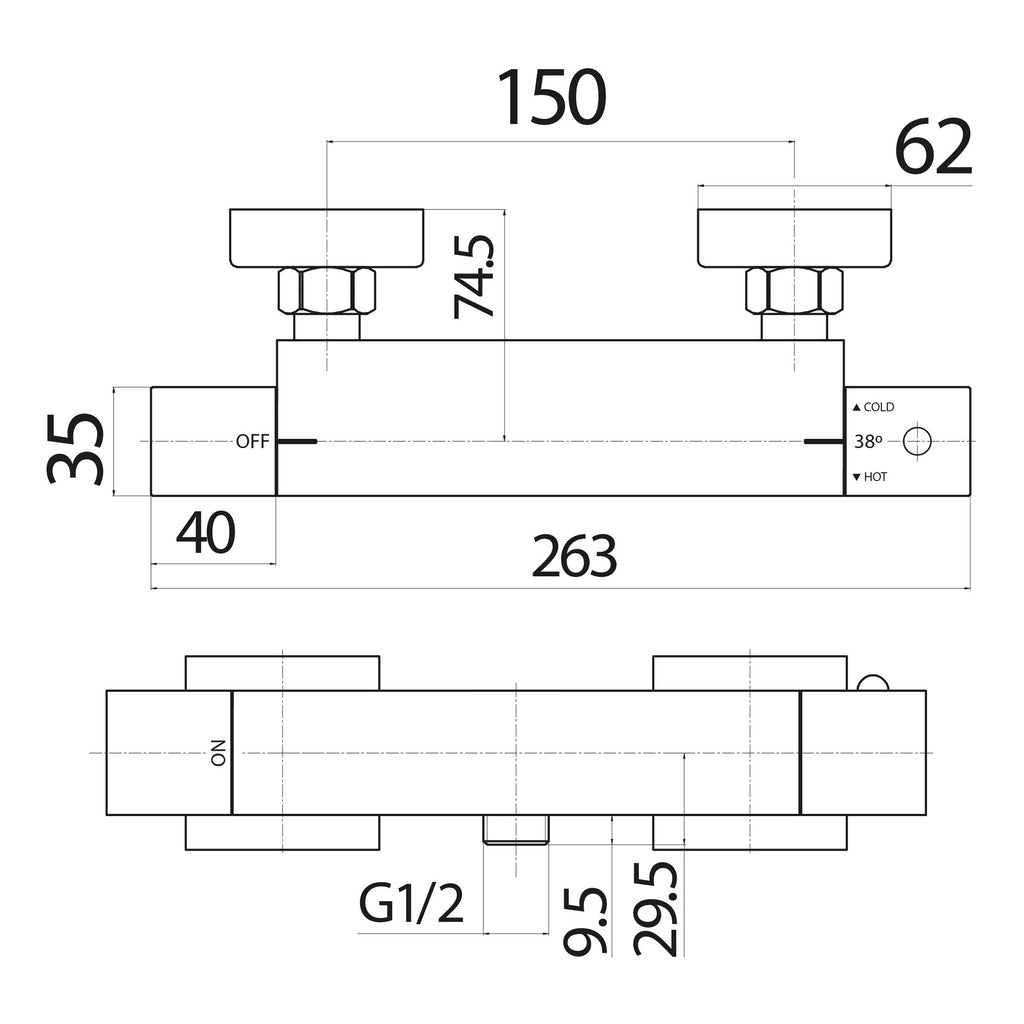Scudo Chrome Square Exposed Shower Valve - technical drawing with dimensions