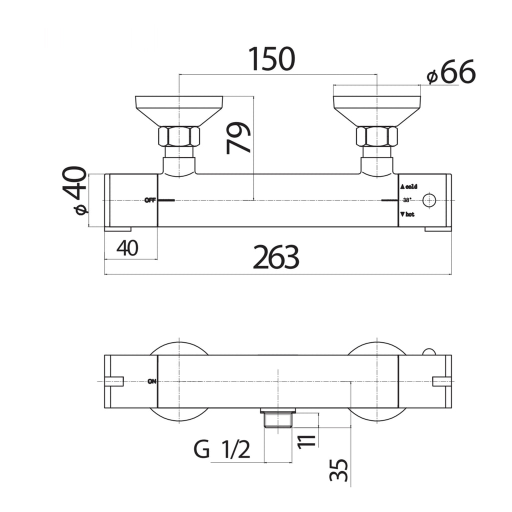 Scudo Chrome Round Exposed Shower Valve - technical drawing with dimensions