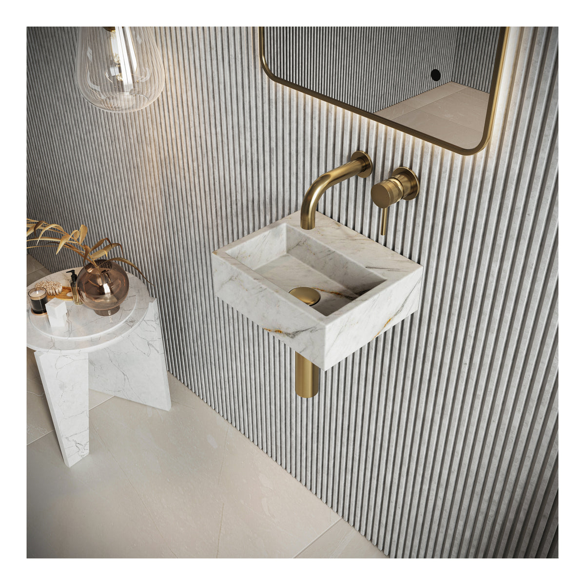 Scudo Arabescato Square White 300mm Wall Hung Basin - lifestyle