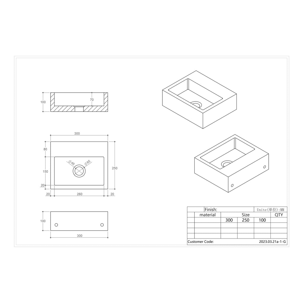 Scudo Arabescato Square White 300mm Wall Hung Basin - technical drawing with dimensions