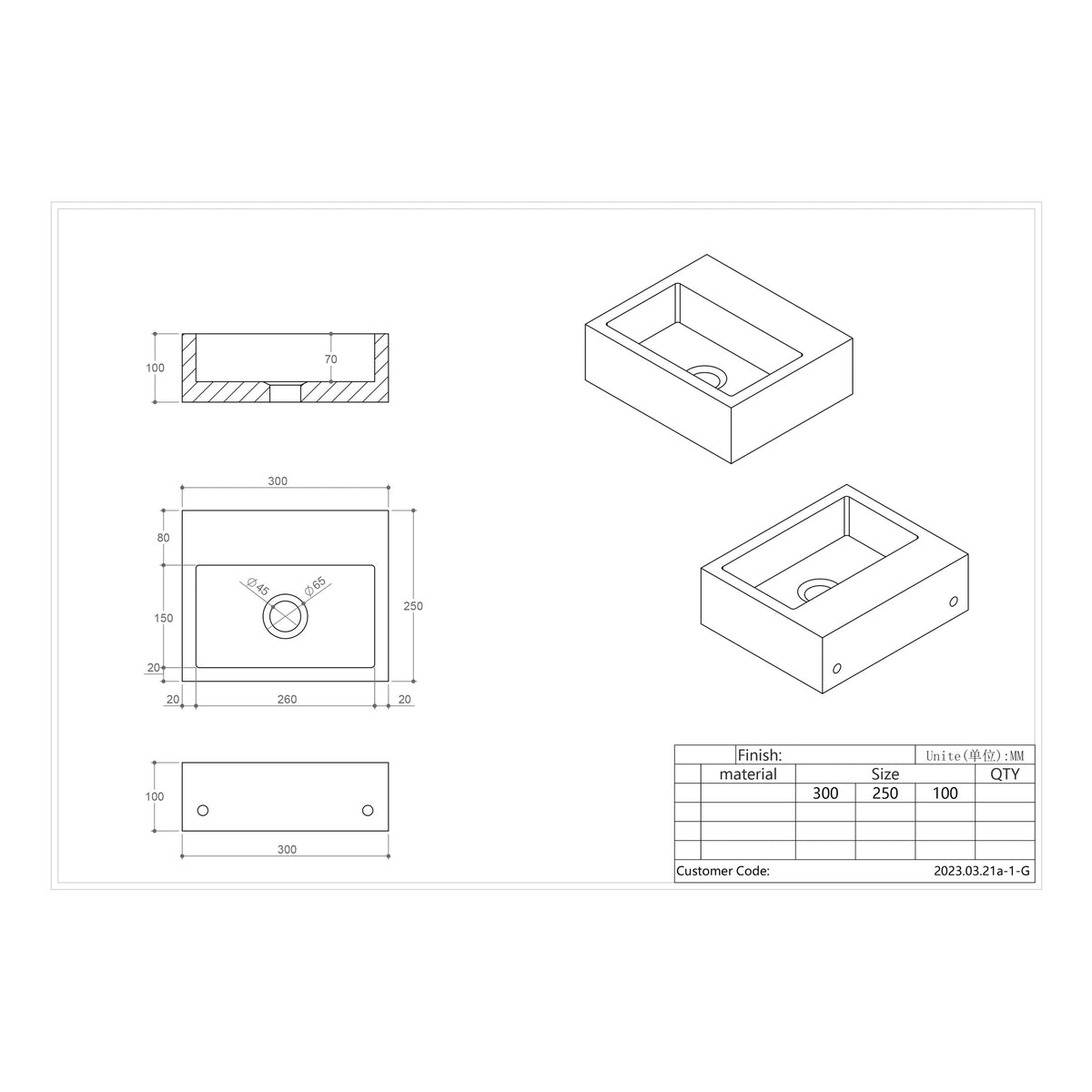 Scudo Arabescato Square White 300mm Wall Hung Basin - technical drawing with dimensions