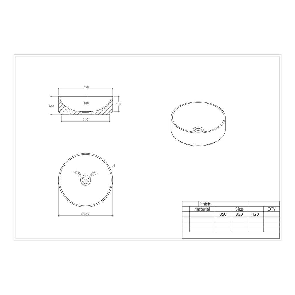 Scudo Arabescato Round White 350mm Countertop Basin - technical drawing with dimensions