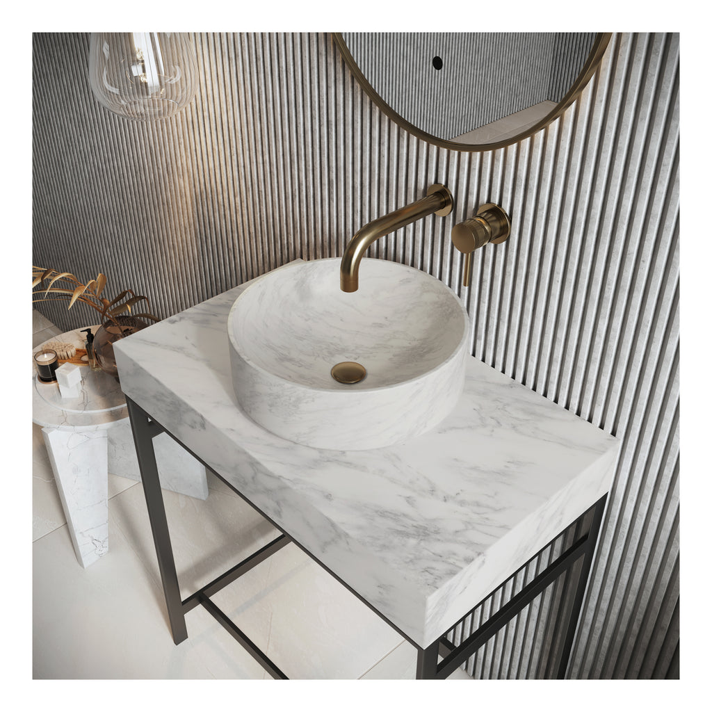 Scudo Venato Round Carrara White 350mm Countertop Basin - lifestyle