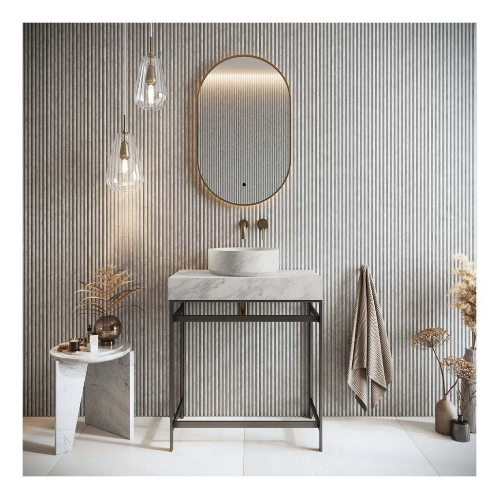 Scudo Venato Round Carrara White 350mm Countertop Basin - lifestyle