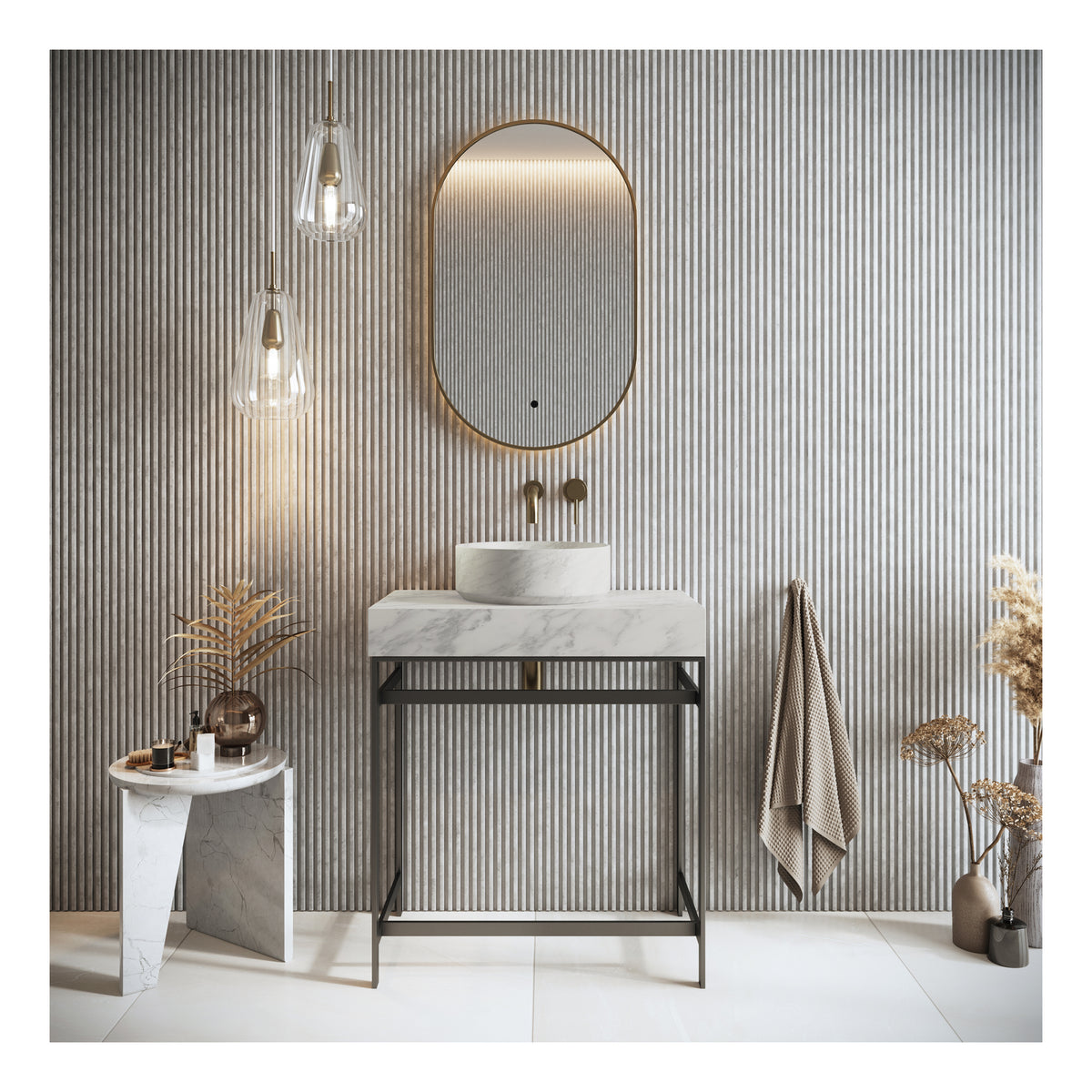 Scudo Venato Round Carrara White 350mm Countertop Basin - lifestyle