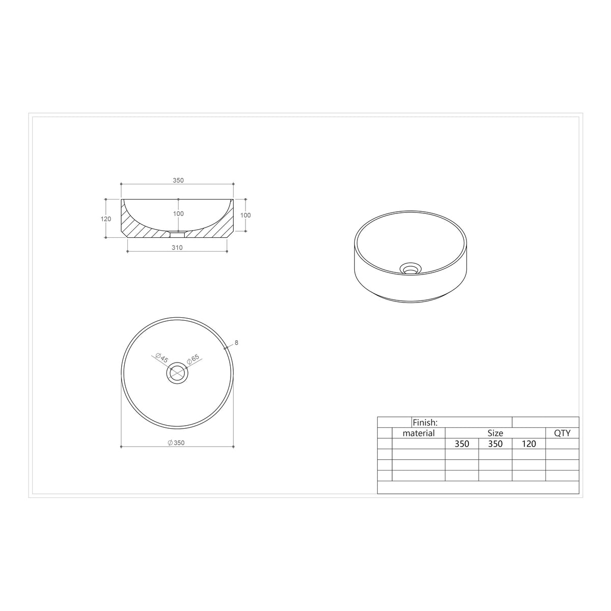 Scudo Venato Round Carrara White 350mm Countertop Basin - technical drawing with dimensions