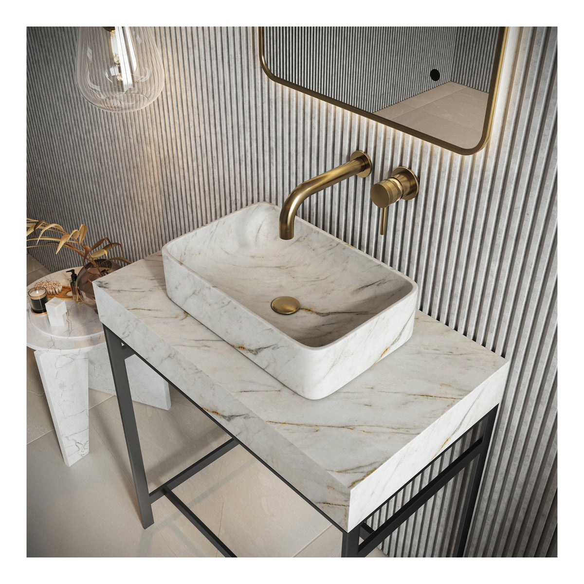 Scudo Arabescato Rectangular White 420mm Countertop Basin - lifestyle