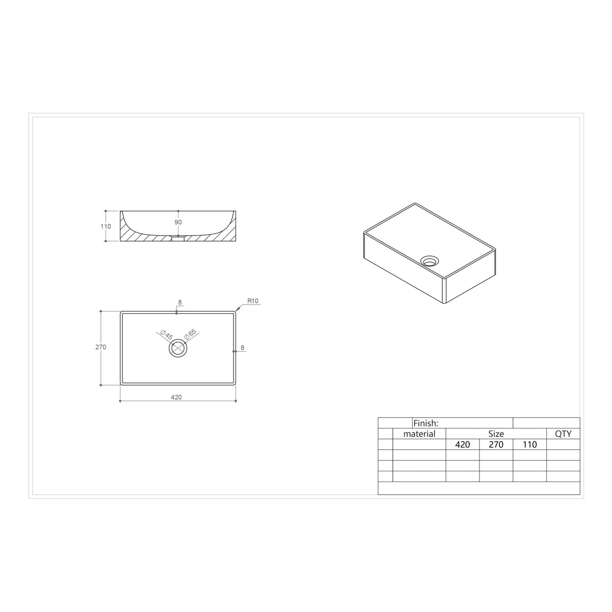 Scudo Arabescato Rectangular White 420mm Countertop Basin - technical drawing with dimensions