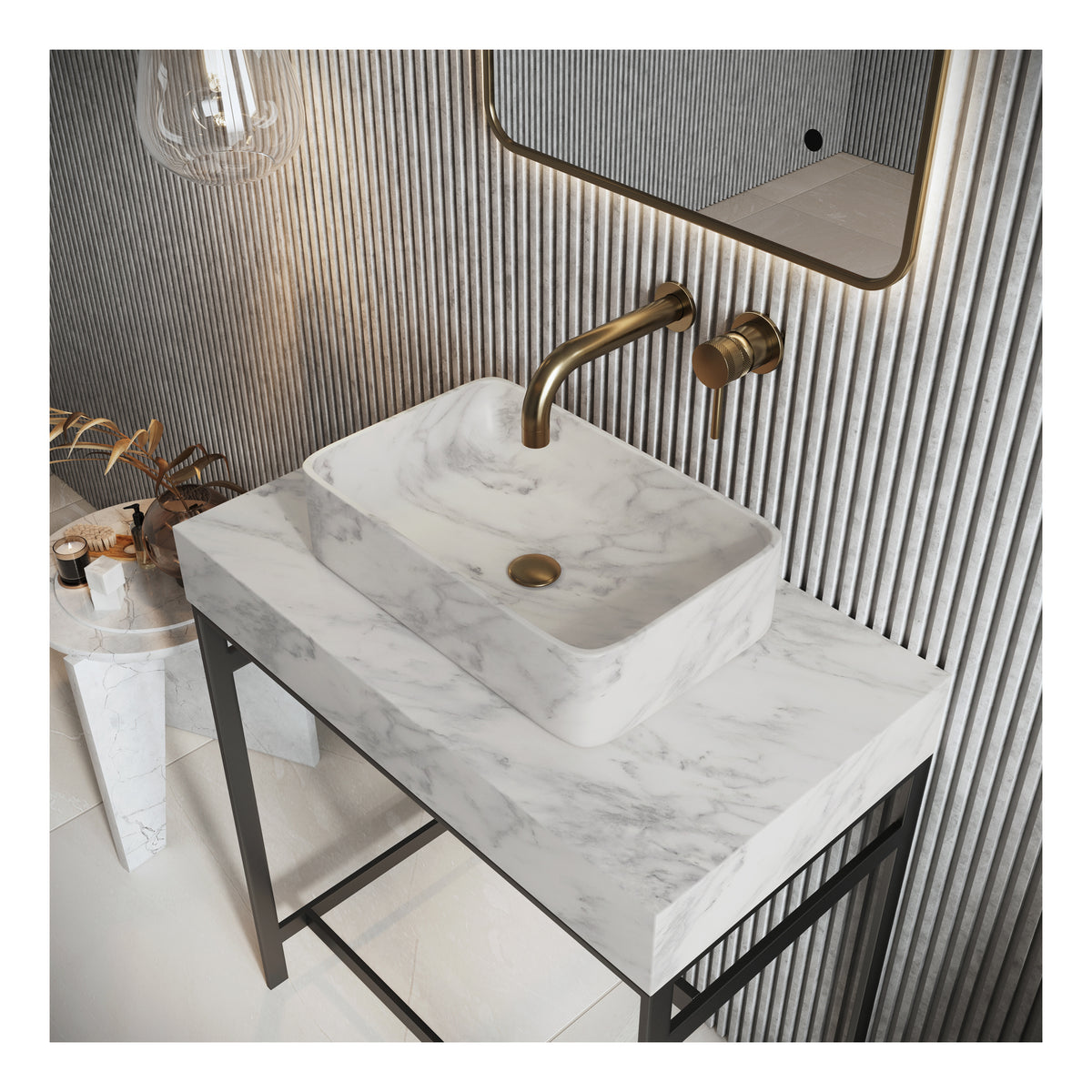 Scudo Venato Rectangular Carrara White 420mm Countertop Basin - lifestyle