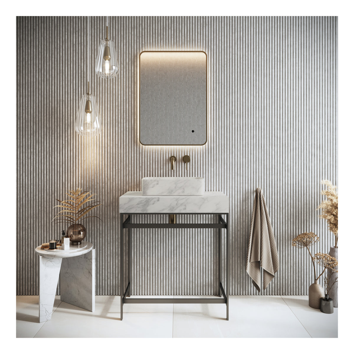 Scudo Venato Rectangular Carrara White 420mm Countertop Basin - lifestyle