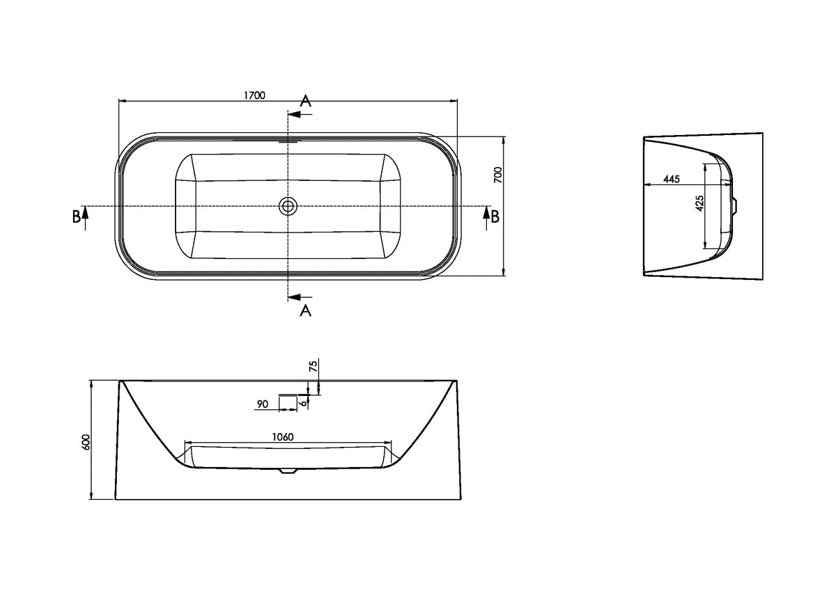 Scudo Choices Freestanding Bath 1700 x 700mm - White technical drawing