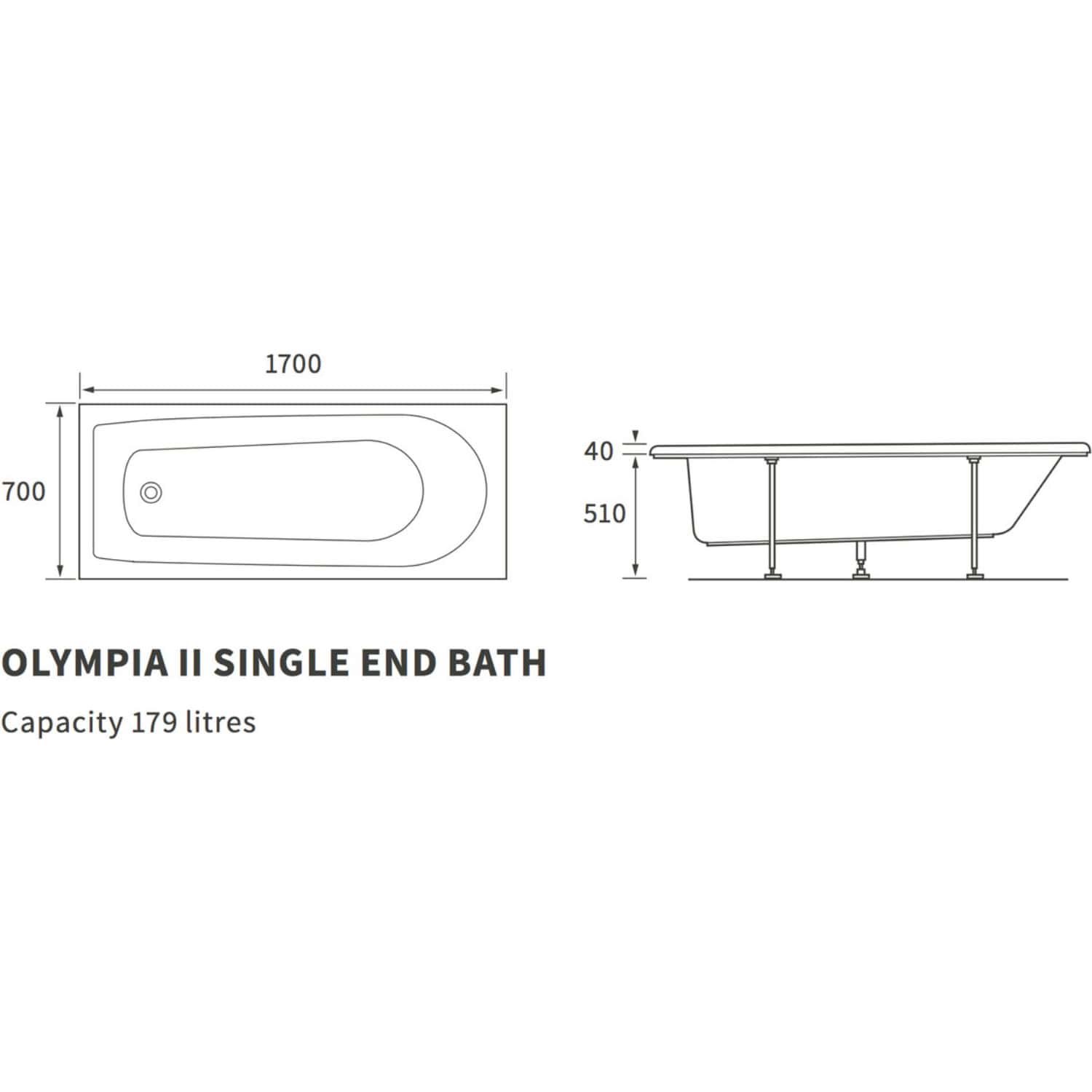 Elegant white single end bathtub with adjustable height legs, measuring 1700mm x 700mm, designed for modern bathrooms, featuring a smooth edges and spacious interior for ultimate comfort.