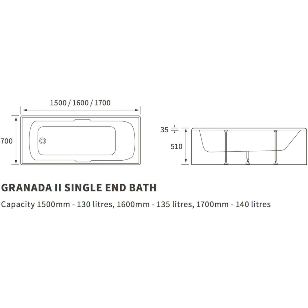 Modern bathtub with multiple size options and detailed technical dimensions, ideal for contemporary bathroom designs. Features a sleek, stylish single-ended design with specifications for capacity and installation.