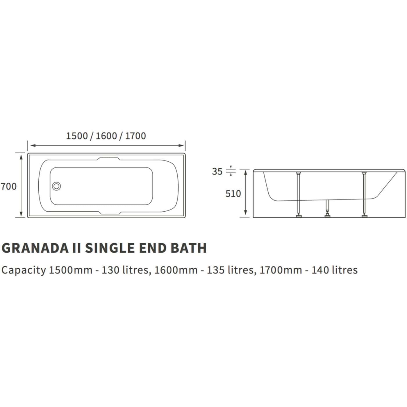 Modern bathtub with multiple size options and detailed technical dimensions, ideal for contemporary bathroom designs. Features a sleek, stylish single-ended design with specifications for capacity and installation.