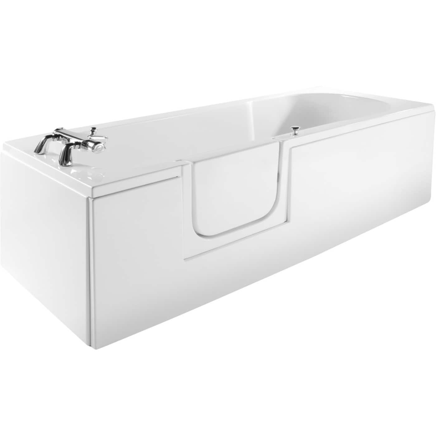 Modern white bathtub with a built-in grab rail and chrome tap, ideal for luxurious bathroom renovations and accessible bathing solutions.