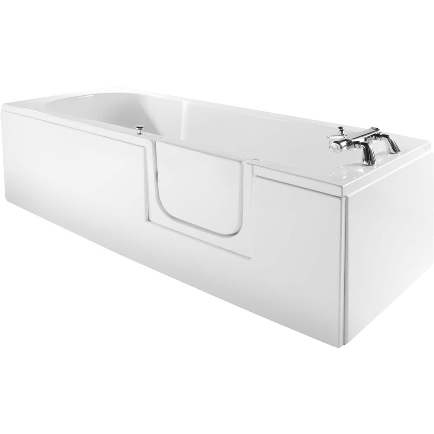Modern white bath with integrated shower and chrome taps, perfect for contemporary bathrooms. Durable, sleek design with safety features for a comfortable bathing experience. Ideal for bathroom renovations.