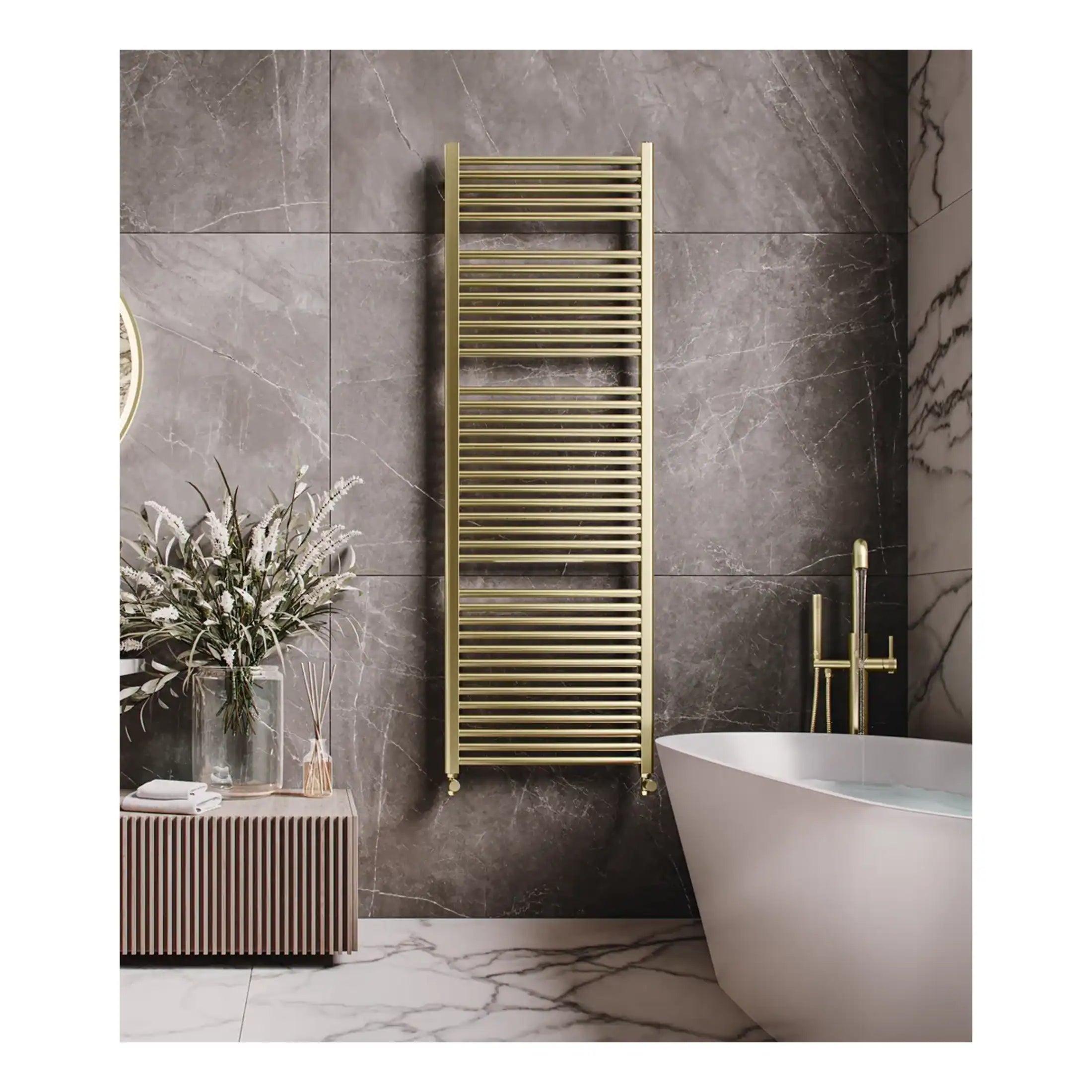 Luxurious gold heated towel rail in a modern bathroom with marble walls and freestanding bathtub, offering stylish and functional bathroom heating and towel drying solutions.