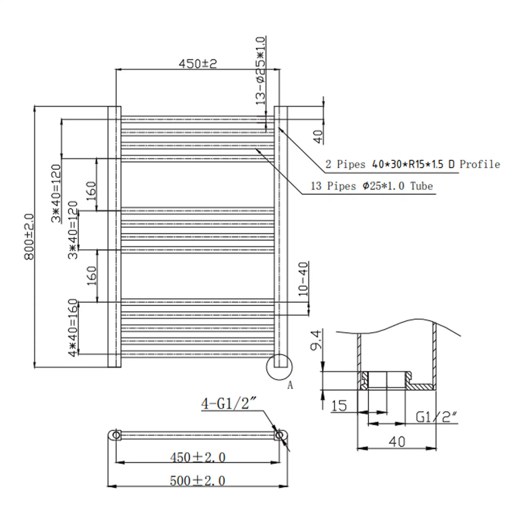 High-quality bathroom radiator heating panel with multiple pipes and precision measurements, designed for luxury Bubly Bathrooms. Ideal for modern, efficient bathroom heating solutions.