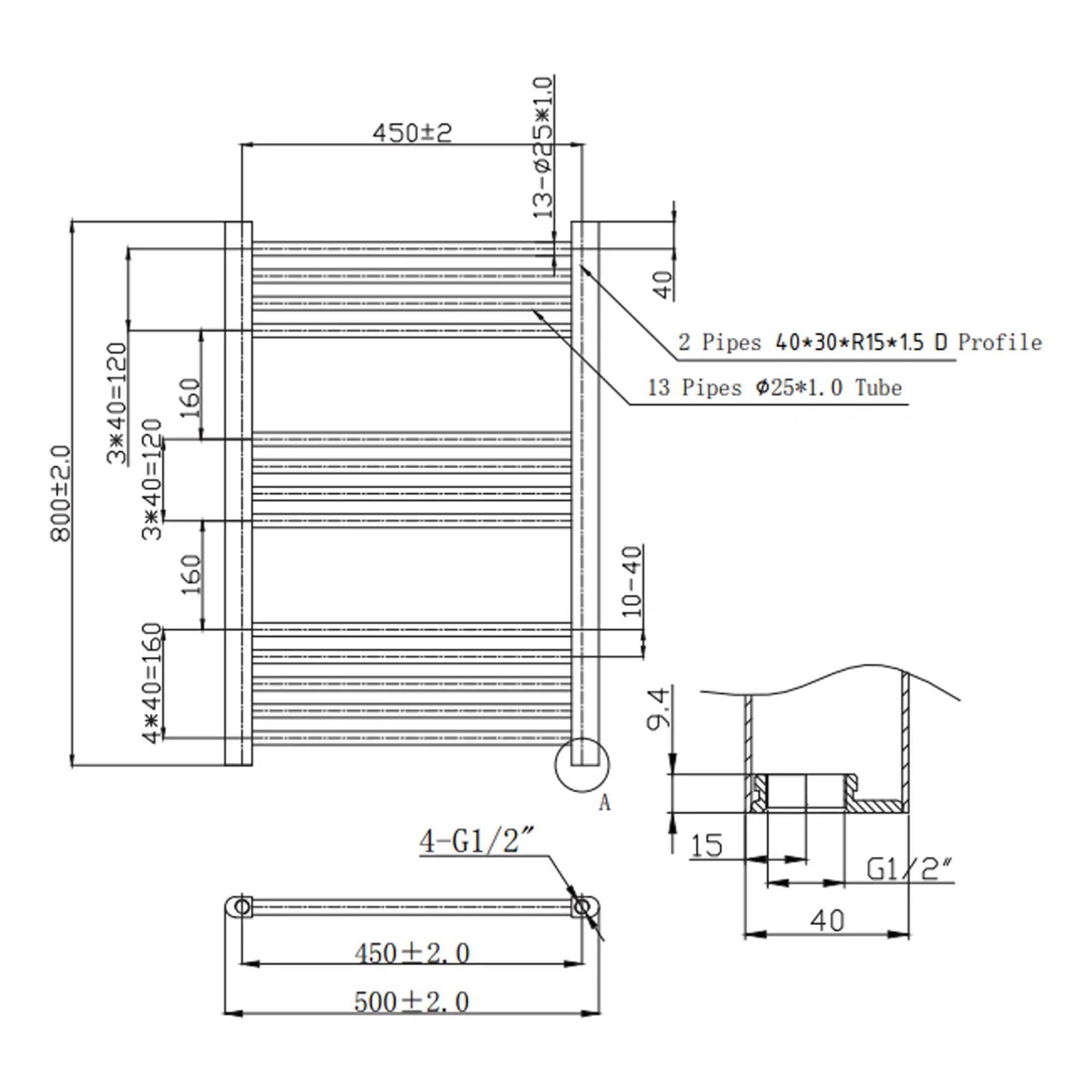 High-quality bathroom radiator heating panel with multiple pipes and precision measurements, designed for luxury Bubly Bathrooms. Ideal for modern, efficient bathroom heating solutions.