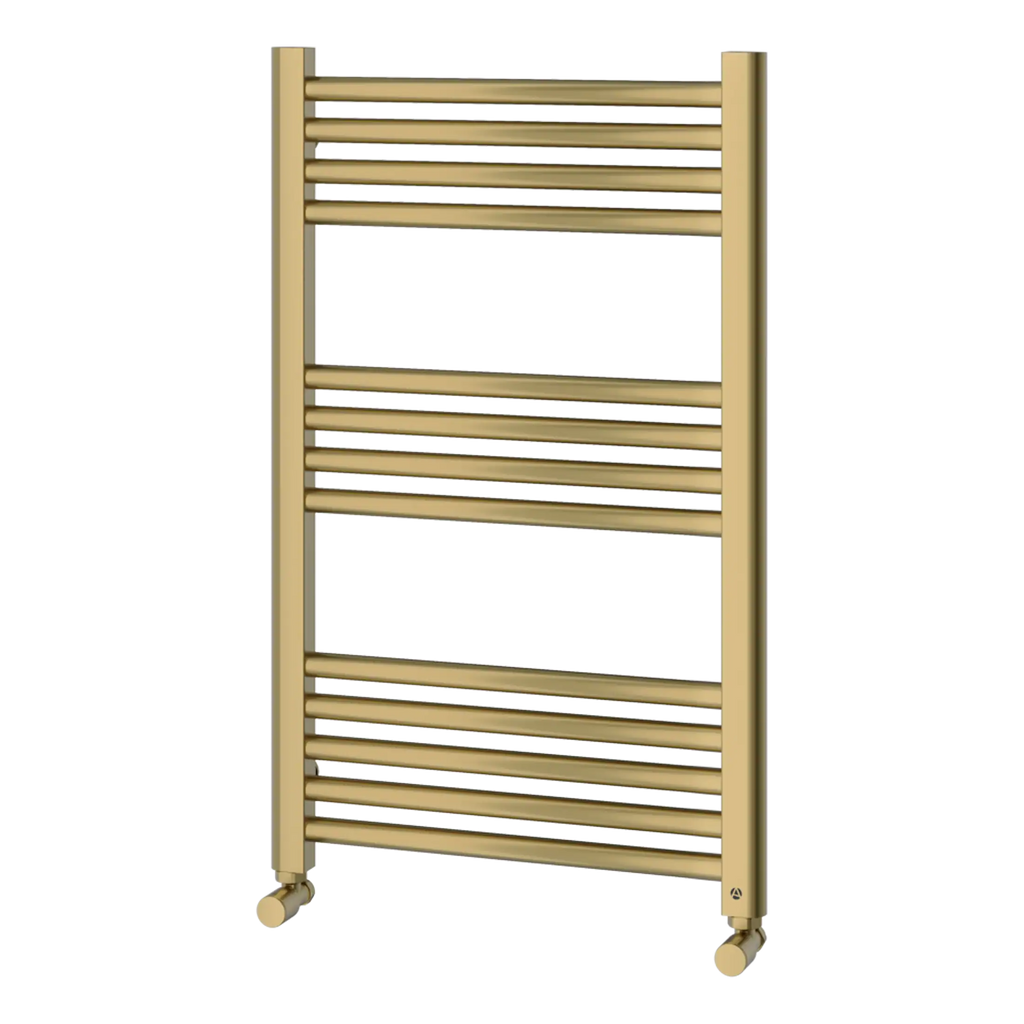 Radiator towel rail in sleek gold finish, ideal for modern bathrooms and heated towel drying, providing both style and functionality.