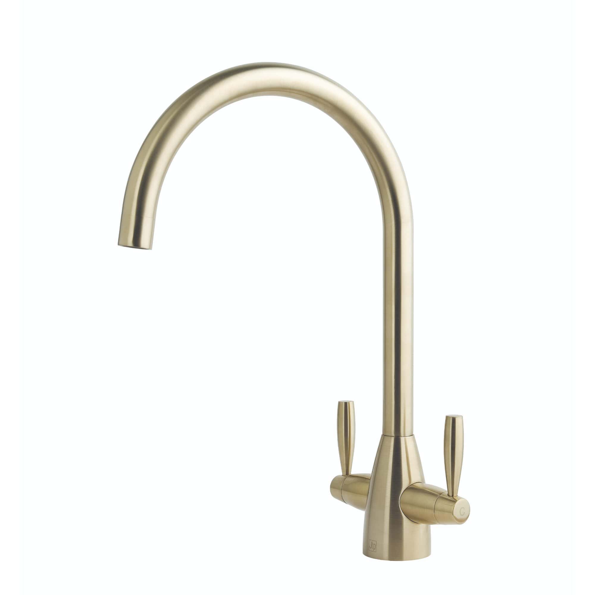 Sleek gold kitchen or bathroom tap with dual handles and high arc spout for modern bathroom design and functionality.