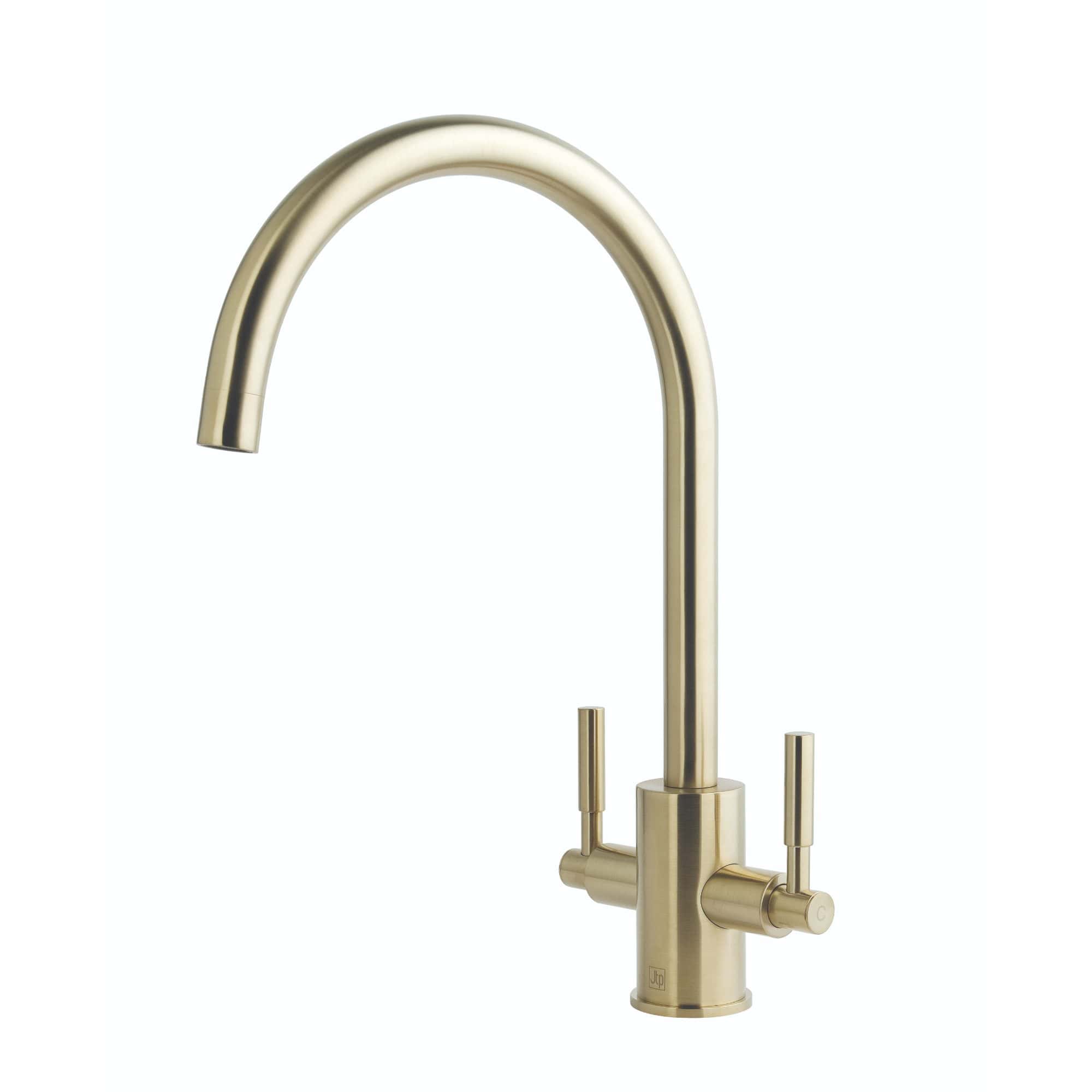 Sleek gold kitchen or bathroom tap with dual handles and high-arc spout, modern design, perfect for contemporary home renovation or upgrade projects.