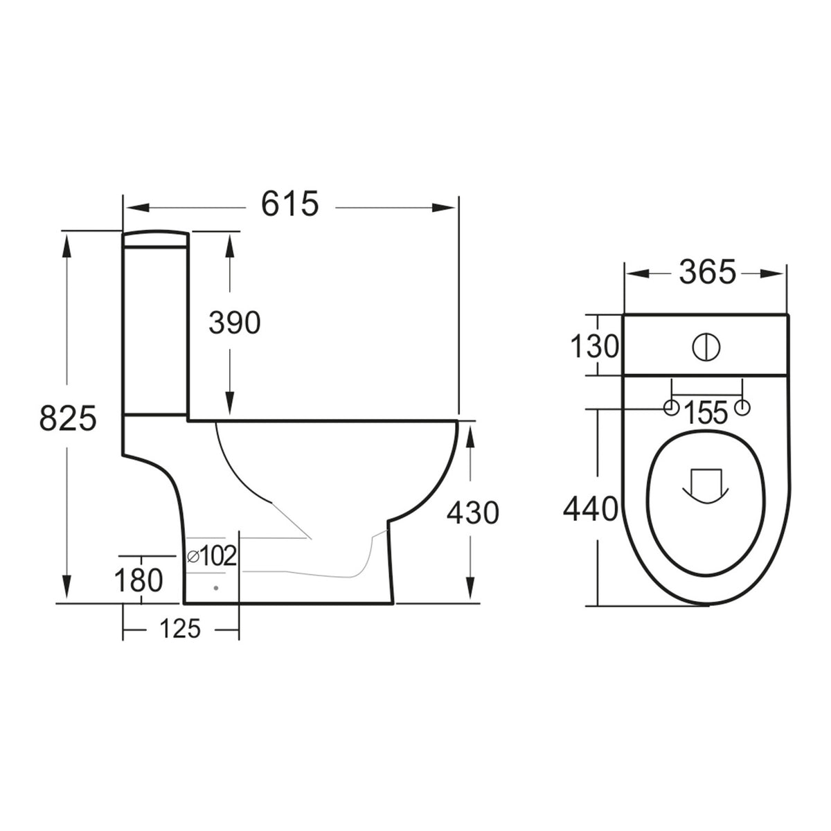 Scudo Belini Rimless Open Back Close Coupled Toilet With Cistern and Slim Soft Close Seat - White - technical drawing with dimensions