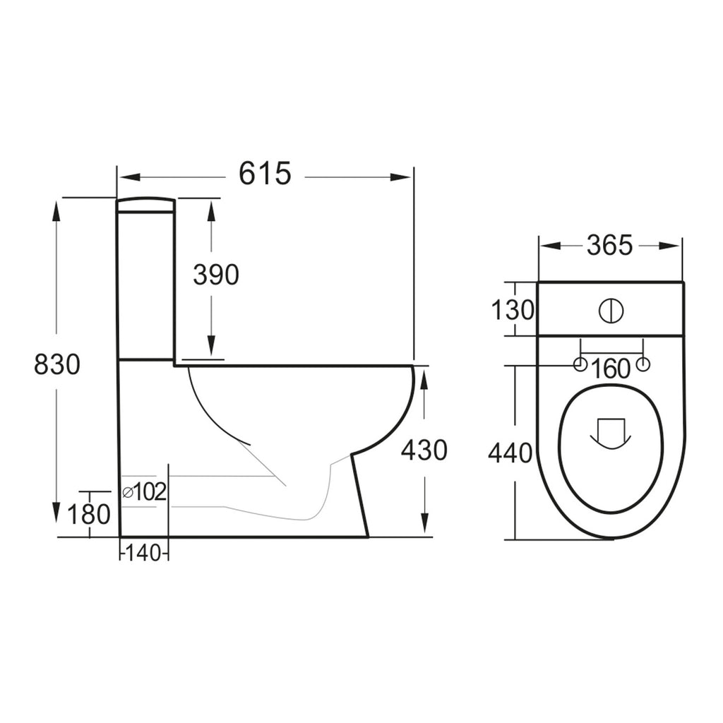 Scudo Belini Rimless Close Coupled Toilet With Cistern and Slim Soft Close Seat - White - technical drawing with dimensions