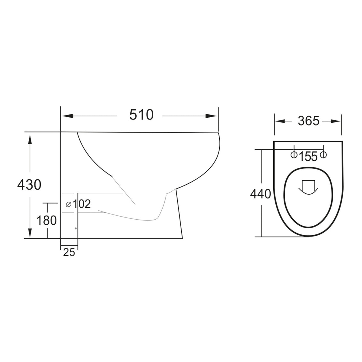 Scudo Belini Rimless Back To Wall Toilet With Slim Soft Close Seat - White - technical drawing with dimensions