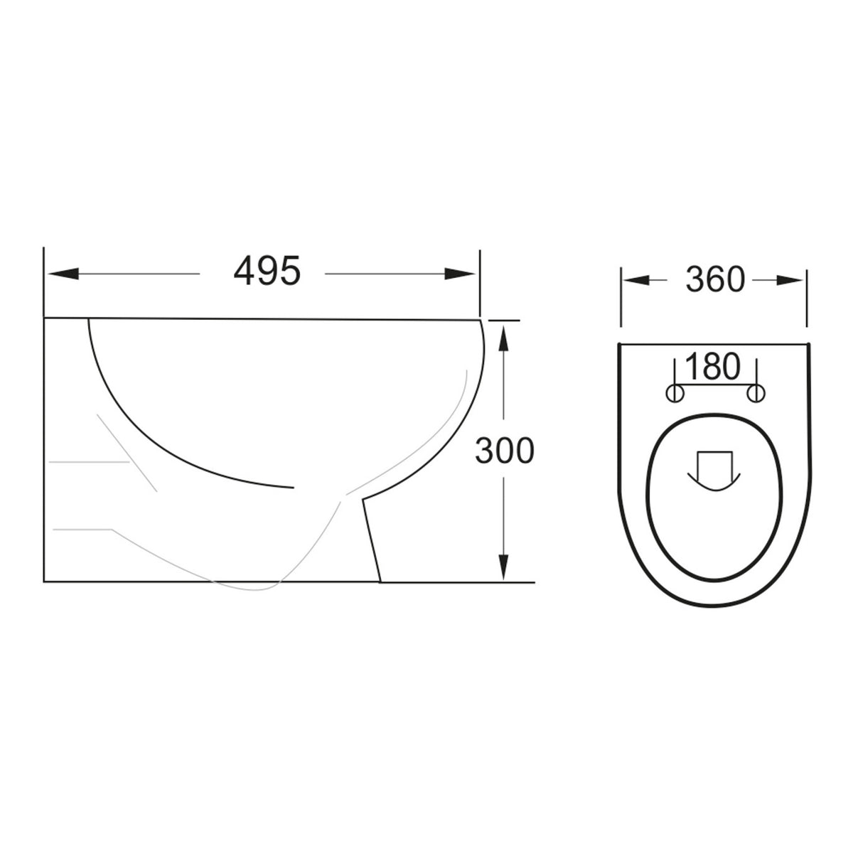 Scudo Belini Rimless Wall hung Toilet With Slim Soft Close Seat - White - technical drawing with dimensions