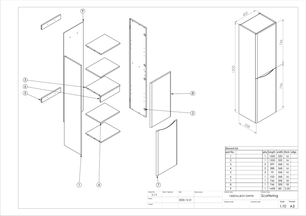 Scudo Bella 1500mm Tall Storage Unit - technical drawing with dimensions