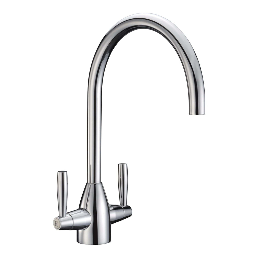 Shiny chrome kitchen or bathroom tap with dual handles, modern design, high-quality stainless steel finish. Perfect for contemporary Bubly Bathrooms installations and fixtures.