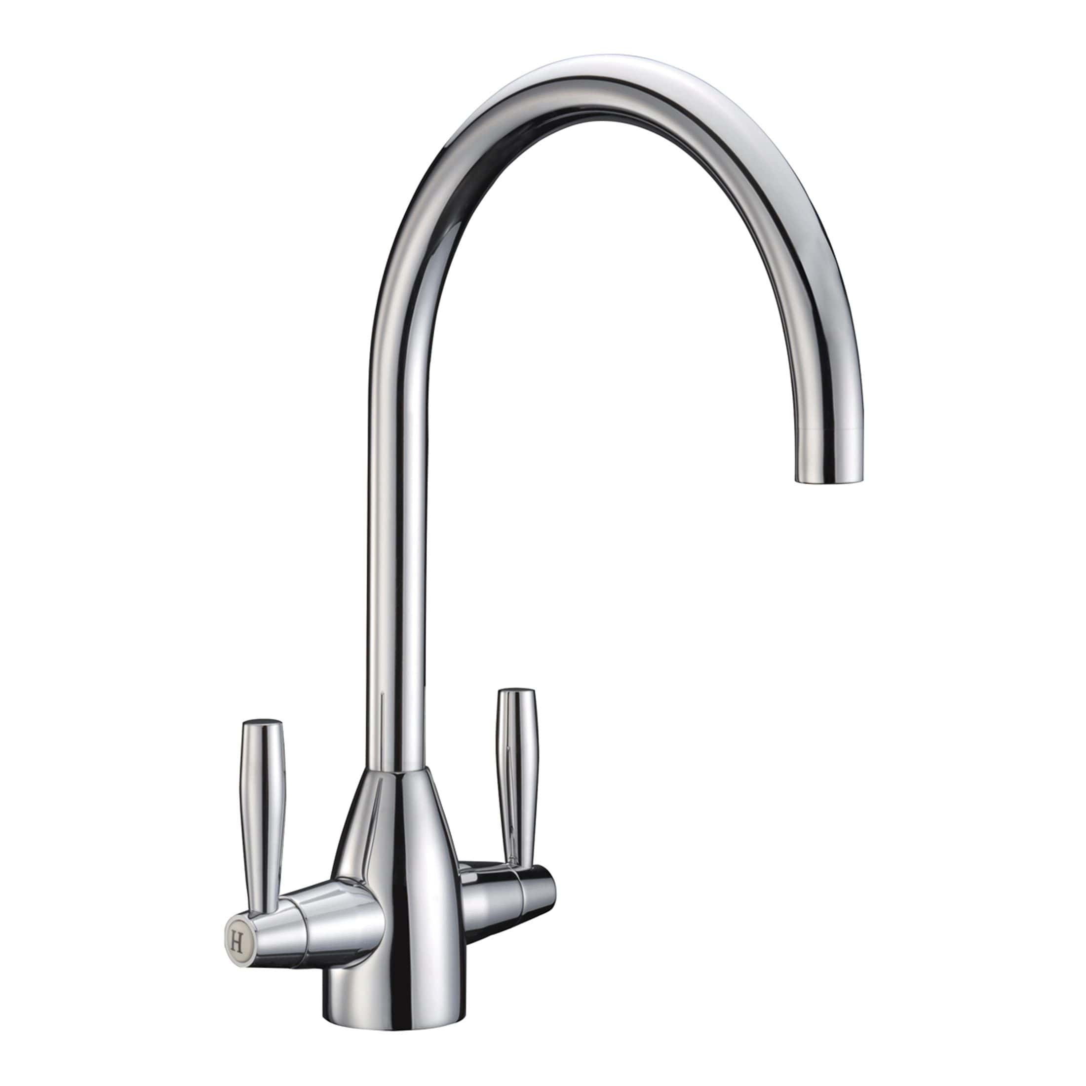 Shiny chrome kitchen or bathroom tap with dual handles, modern design, high-quality stainless steel finish. Perfect for contemporary Bubly Bathrooms installations and fixtures.