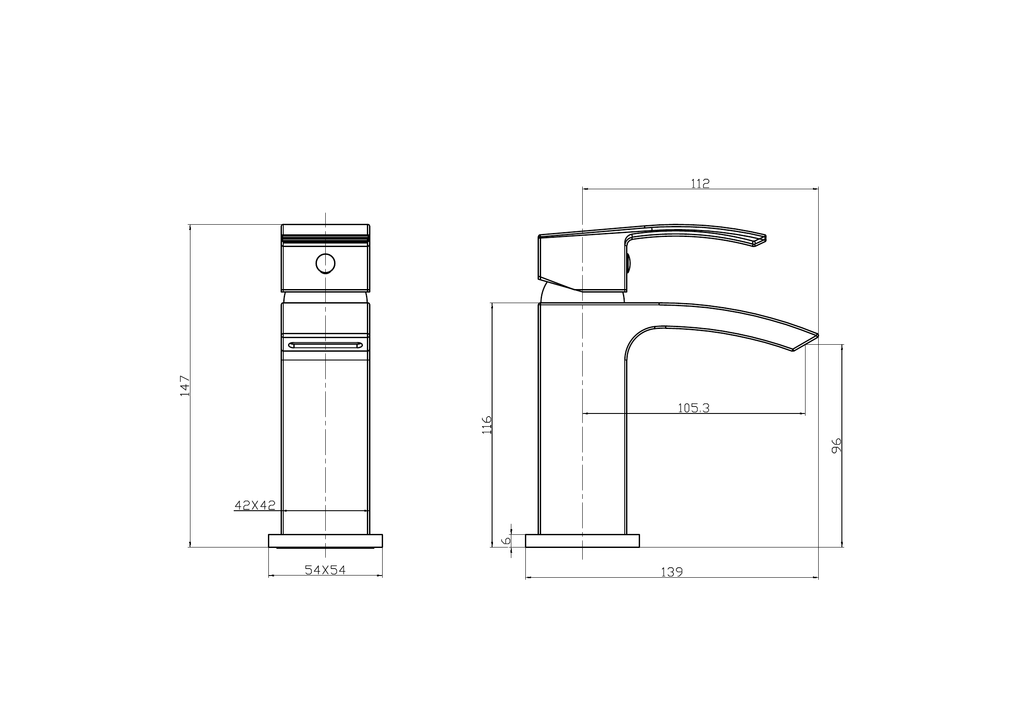 Scudo Descent Mono Basin Mixer Tap Push Waste - Matt Black - technical drawing with dimensions