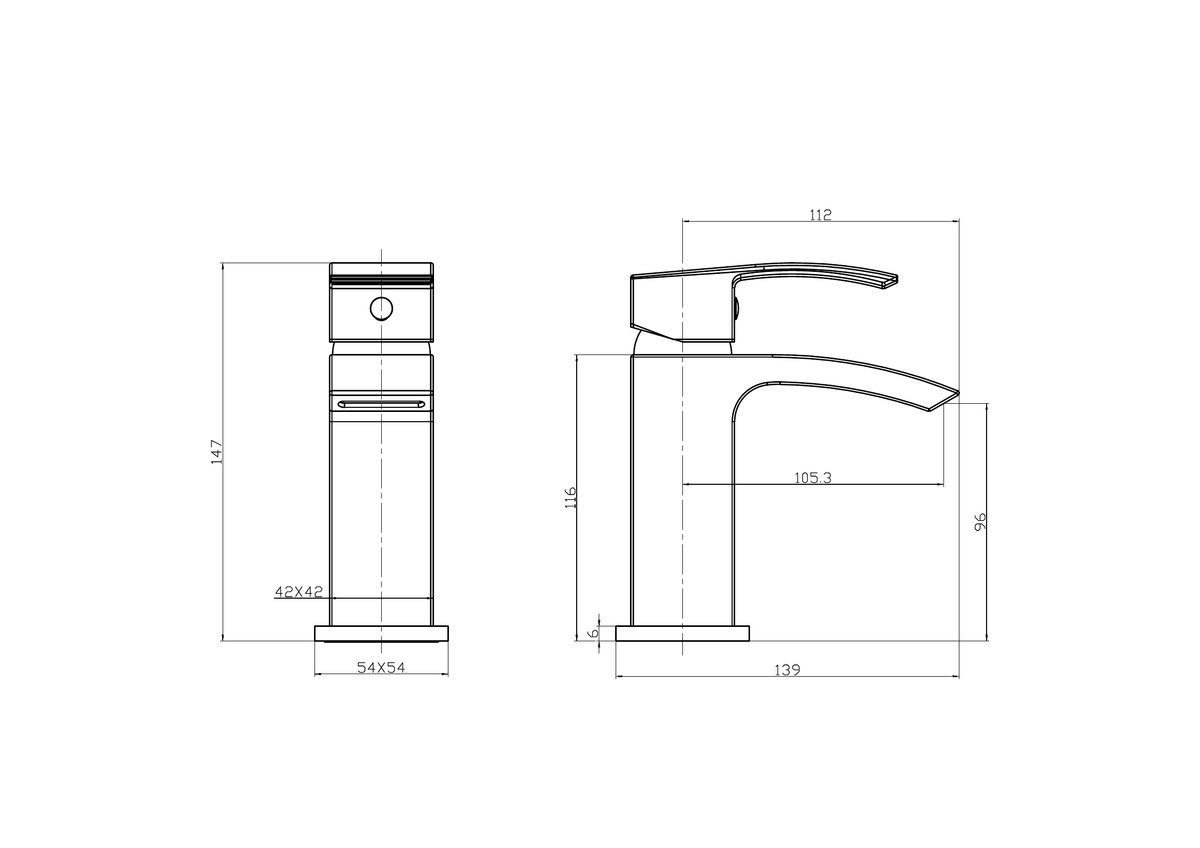 Scudo Descent Mono Basin Mixer Tap Push Waste - Matt Black - technical drawing with dimensions