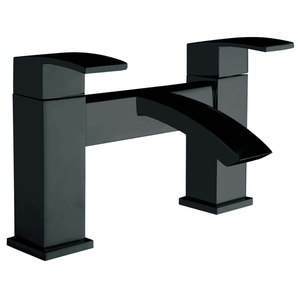 Modern black bathroom faucet with sleek, angular design and dual handles for easy temperature control, ideal for contemporary bathroom renovations.