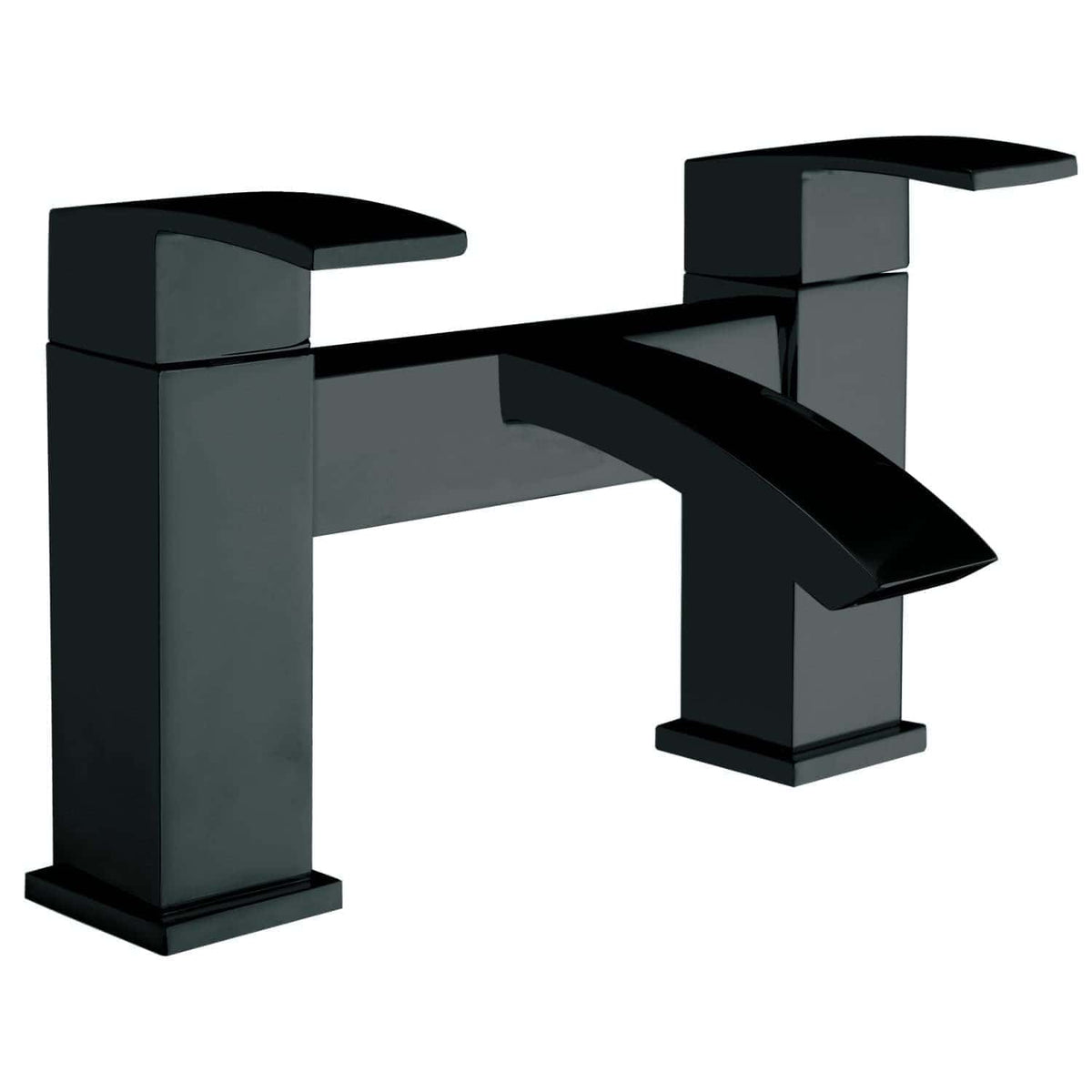 Modern black bathroom faucet with sleek, angular design and dual handles for easy temperature control, ideal for contemporary bathroom renovations.