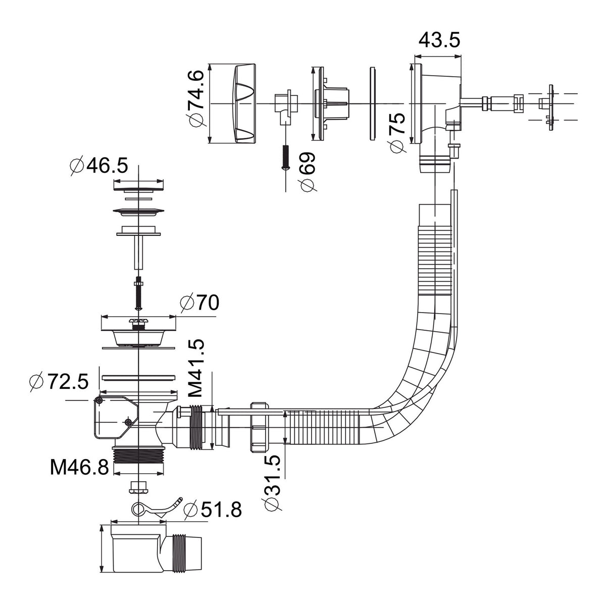 Scudo Bath Pop-Up Waste With Overflow - technical drawing with dimensions