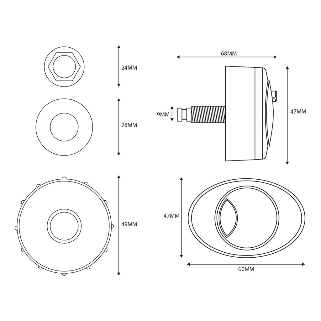 Scudo Black Push Button For CISTERN002 - Black - technical drawing with dimensions